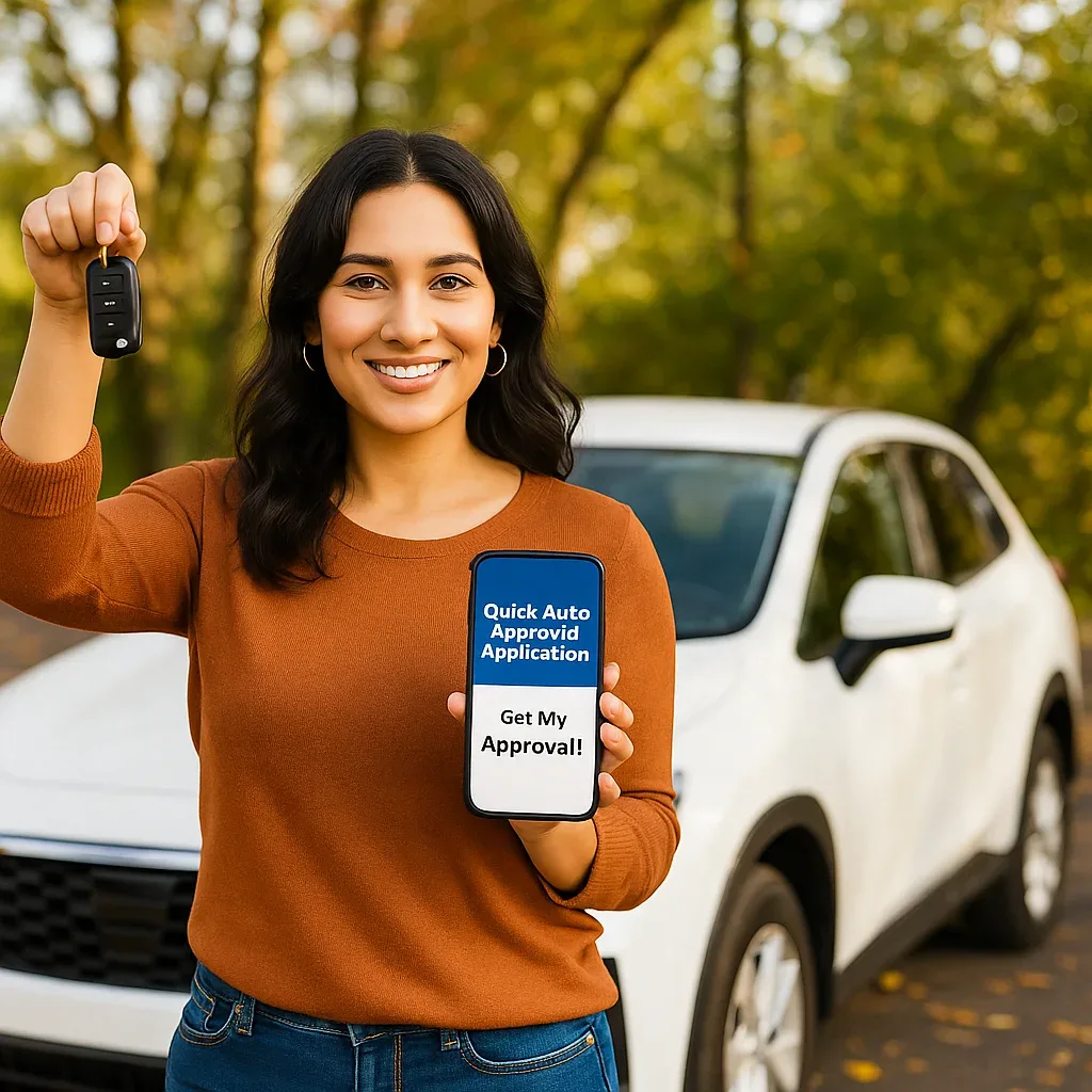 Smiling young driver standing outdoors in warm sunlight, proudly holding up car keys beside a clean, modern SUV, symbolizing successful auto financing and new beginnings through Quick Auto Approval
