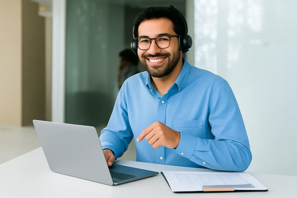 Smiling male auto finance representative wearing a blue dress shirt and headset, reviewing loan documents on a laptop in a bright modern office, representing Quick Auto Approval’s customer-first service process