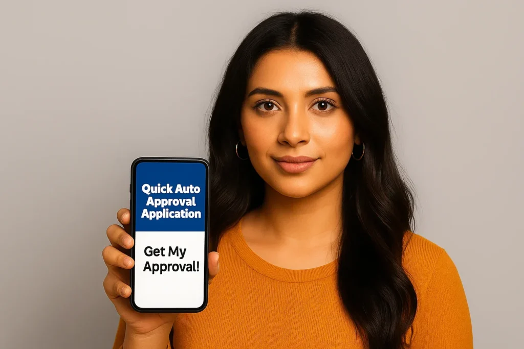 Confident young woman with gold hoop earrings holding a smartphone that reads “Quick Auto Approval Application,” standing against a neutral background, representing fast and effortless vehicle financing