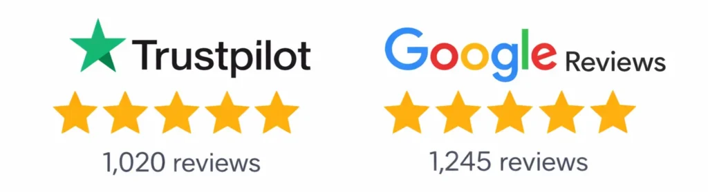 Five-star customer review ratings from Trustpilot and Google, showcasing excellence in car loan approval services.